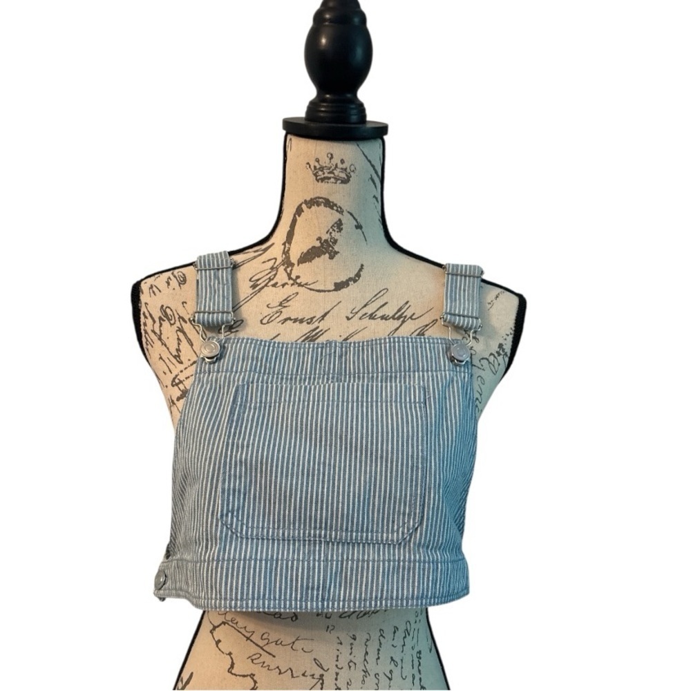 KLESIS crop top size Medium,denim blue and white stripes, silver buckles denim